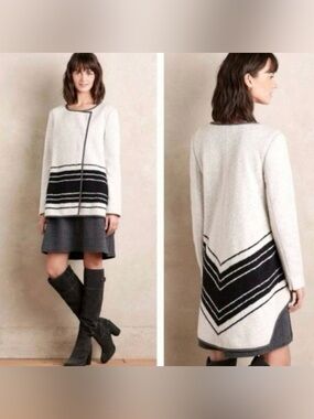 Elevenses Anthropologie Cardigan Sweater Wool Blend Knit Striped Black